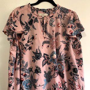 Loft Plus Pink Floral Ruffled Cap Sleeve Blouse